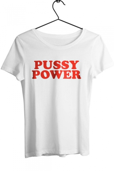 Cool Letter PUSSY POWER Printed Short Sleeve Unisex White Casual T-Shirt