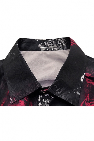 Cool Trendy Floral Printed Short Sleeve Black Slim Fit Button-Up Shirt for Men