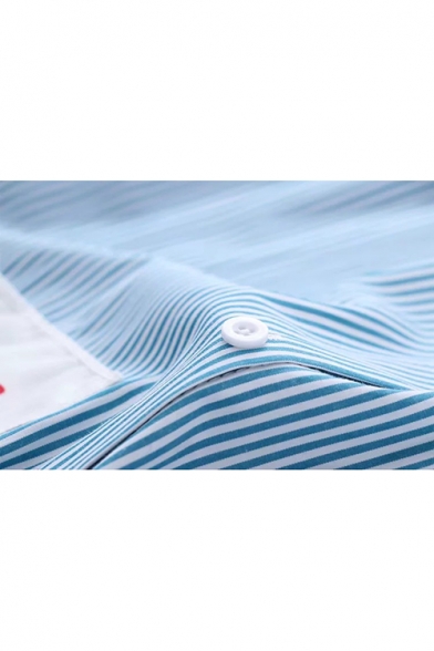Cute Cartoon Letter Stripes Printed Short Sleeved Tied Hem Sky Blue Shirt