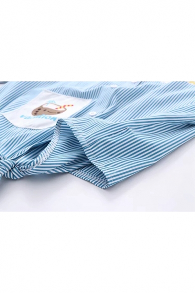 Cute Cartoon Letter Stripes Printed Short Sleeved Tied Hem Sky Blue Shirt