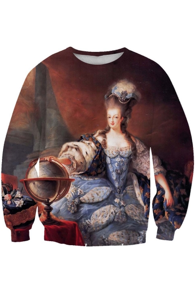Fabulous Oil-Painting Queen Printed Round Neck Long Sleeves Brown Pullover Sweatshirt