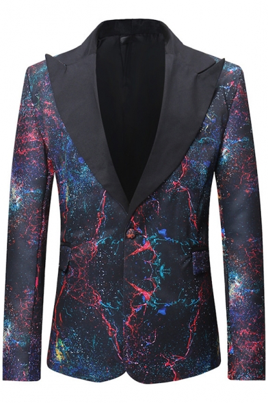 Fashion Galaxy Printed Peaked Lapel Single Button Long Sleeve Mens Tuxedo Blazer