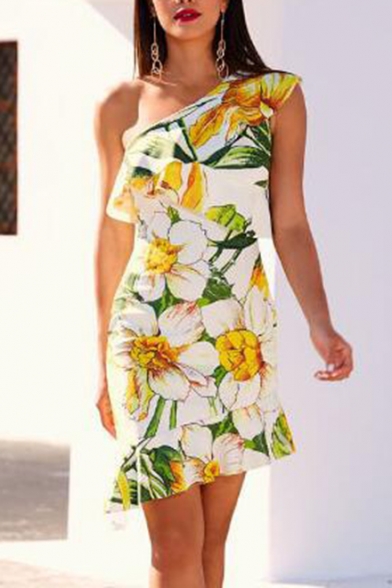Fashion Summer Floral Printed One-Shoulder Ruffled Hem White Mini Bodycon Dress