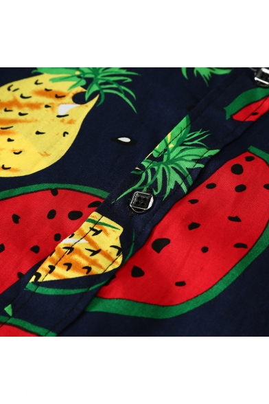 Guys New Stylish Allover Pineapple Watermelon Printed Long Sleeve Slim Fitted Shirt