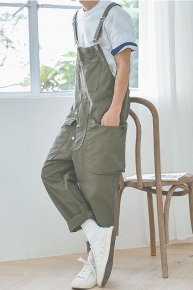 Guys Stylish Solid Color Large Flap Pocket Front Workwear Loose Casual Painters Overalls