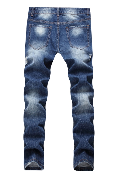 Guys Summer Vintage Distressed Ripped Straight Fit Blue Jeans