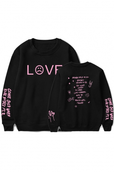 American Rapper Fashion Sad Face Letter LOVE Print Basic Long Sleeve Unisex Pullover Sweatshirt