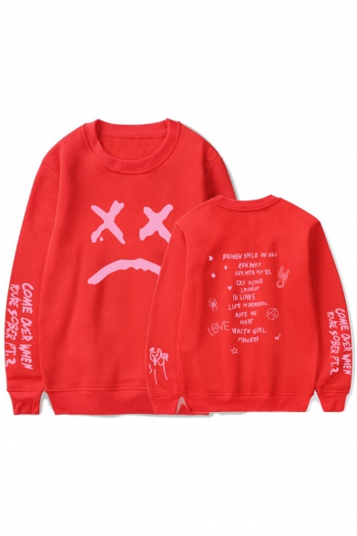 American Rapper Popular Sad Face Letter Pattern Long Sleeve Round Neck Loose Fit Sweatshirt