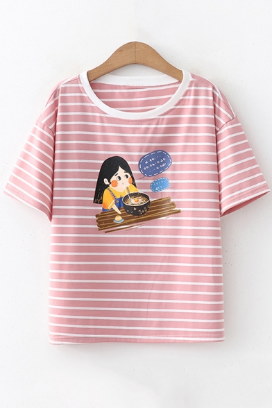 Lovely Girl Striped Print Short Sleeve Loose Fit T-Shirt