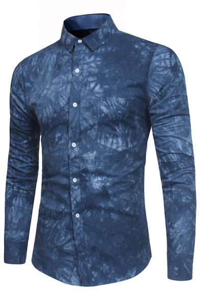 Men's Fashion Tie Dye Painted Long Sleeve Casual Fitted Button-Front Shirt