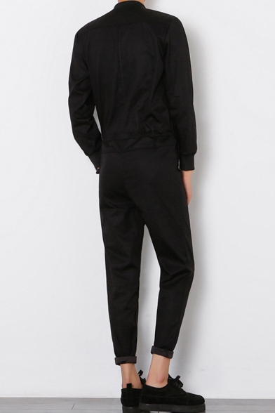 Men's New Stylish Zip Front Long Sleeve Solid Color Black One Piece Suit Fitted Jumpsuits