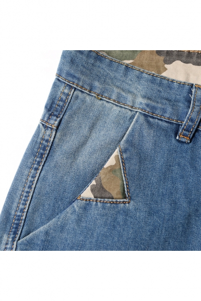 Men's New Trendy Camo Patched Stretch Slim Fit Blue Pencil Jeans