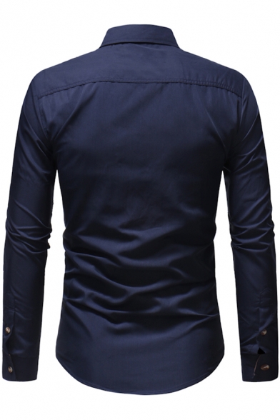 Men's Stylish Colorblock Patchwork Long Sleeve Casual Fitted Button-Up Shirt