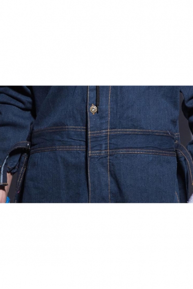 Men's Stylish Solid Color Long Sleeve Hooded Flap Pocket Front Breathable Dust Proof Denim Mechanic Coveralls