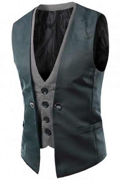 Men's Trendy Plaid Printed Inside Button Front Slim Fit Fake Two-Piece Suit Vest