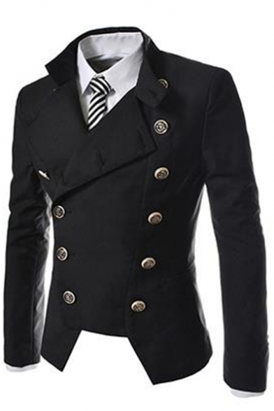 Men's Trendy Stand Collar Long Sleeve Double Breasted Slim Fit Asymmetric Suit Blazer