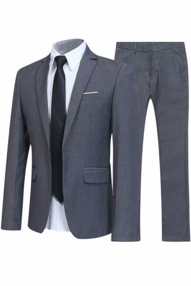 Mens Business Plain Long Sleeve Notched Lapel Single Button Slim Wedding Dress Two-Piece Suit