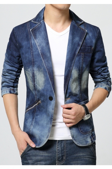 Mens Fashion Long Sleeve Notched Lapel Collar Single Button Blue Denim Blazer for Men