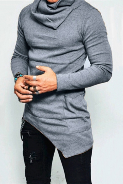 Mens Hot Fashion Simple Plain Cowl Neck Long Sleeve Asymmetric Hem Sweater