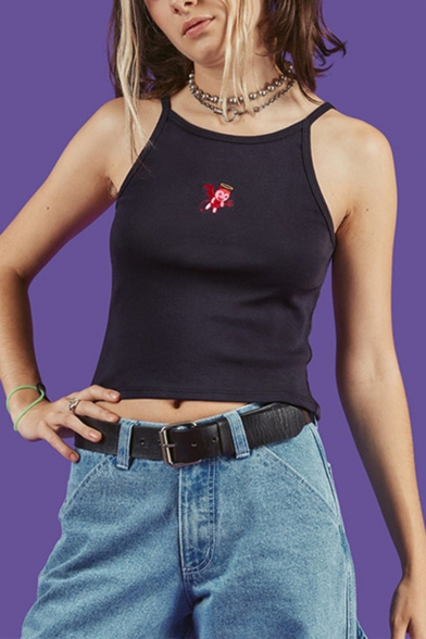 New Arrival Devil Embroidered Spaghetti Straps Sleeveless Black Cropped Tank Tee