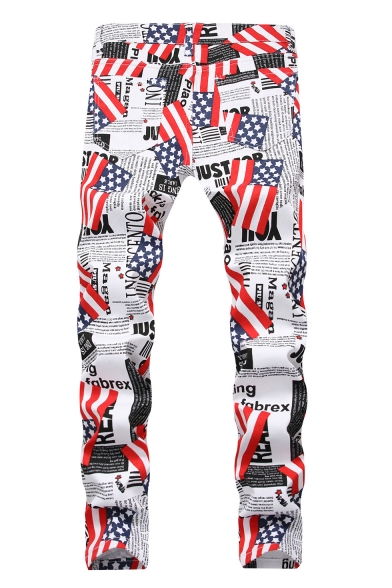 New Fashion American Flag Printed White Stretch Slim Fit Jeans for Guys