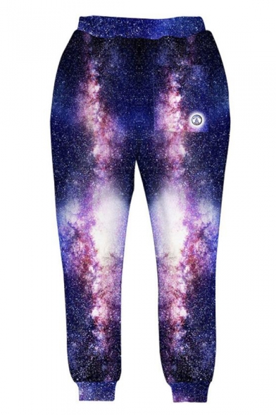 New Trendy 3D Galaxy Tiger Animal Printed Elastic Waist Purple Casual Pants Sweatpants