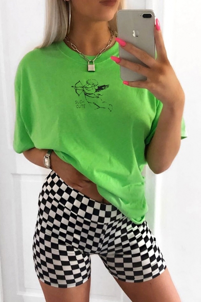 New Trendy SUCH CUTE Letter Angel Printed Short Sleeve Relaxed Fit Green T-Shirt
