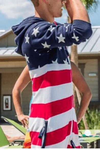 Popular American Flag Star Printed Hoodie Long Sleeve Zip Up Loose Casual Jumpsuits