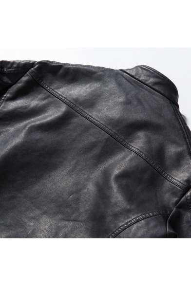 Punk Style Plain Stand Collar Long Sleeve Quilted Detailing Zipper Pockets PU Biker Jacket