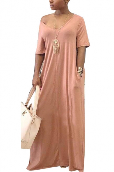 Simple Plain Loose Casual Short Sleeve Maxi T-Shirt Dress with Pockets