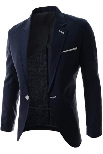 Simple Plain Slim Fit Long Sleeve Notched Lapel Single Button Mens Suit Jacket