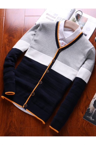 Spring Autumn Fashion Stripe Colorblock V-Neck Button Closure Casual Fitted Thin Cardigan for Men