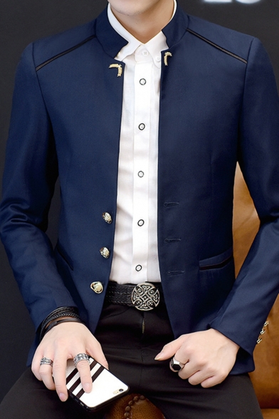 Stylish Plain Stand Up Collar Long Sleeve Button Front Patched Men's Wedding Suit for Groom
