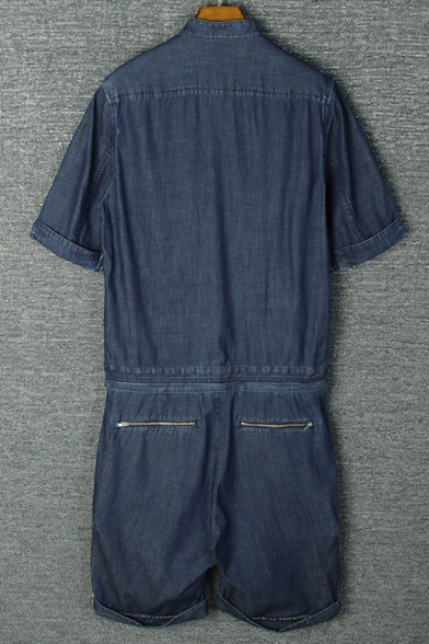 Stylish Stand Collar Fashion Zip Embellished Short Sleeve Button Down Denim Blue Coveralls Rompers