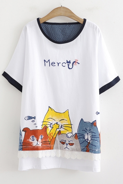 Summer Funny Cartoon Cat Letter MERCY Round Neck Relaxed T-Shirt