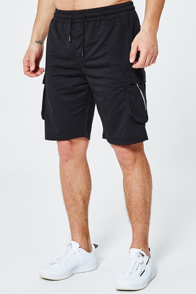 Summer Guys Simple Plain Drawstring Waist Flap Pocket Side Sport Cotton Shorts Cargo Shorts