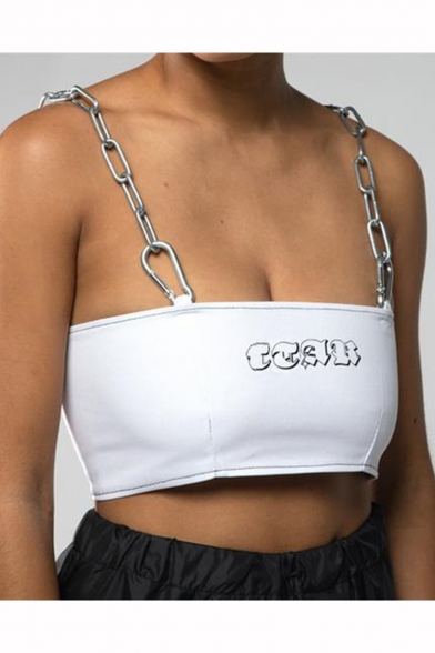 Summer Letter Printed Metal Chain Straps Cropped Cami Top