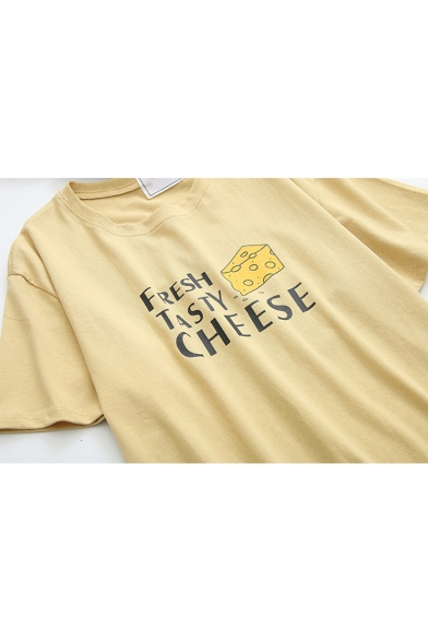 Summer Letter FRESH TASTY CHEESE Printed Round Neck Short Sleeve Casual Loose T-Shirt