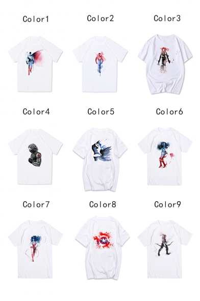 Watercolor Comic Figure Printed Short Sleeve White Basic T-Shirt