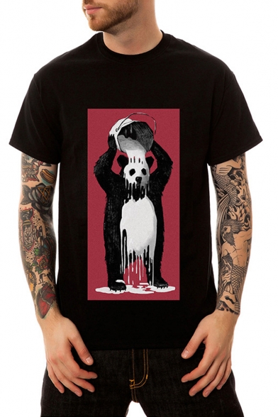 Trendy Cartoon Panda Pattern Men's Summer Black Loose Fit T-Shirt