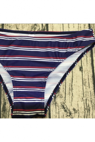 Trendy Color Block Striped Printed Spaghetti Straps Sleeveless Sexy Navy Bikini