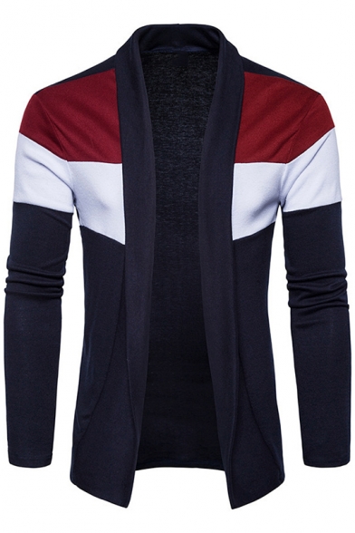 Trendy Popular Colorblock Shawl Collar Open Front Mens Fitted Cardigan