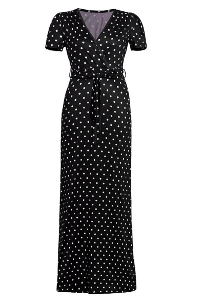 Women's Holiday Fashion Polka Dot Print V-Neck Short Sleeve Floor Length A-Line Dress