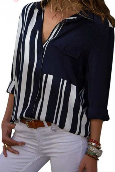 Womens Stylish Colorblock Stripe Pattern One Pocket Patched Chest Loose Fit Button-Up Shirt