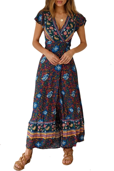 Boho Style V-Neck Short Sleeve Floral Tribal Printed Sexy Split Front Maxi A-Line Dress