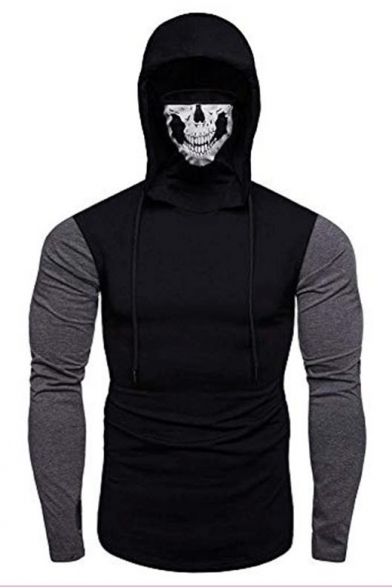 Mens New Trendy Patched Long Sleeve Zip Side Skull Hooded T-Shirt (Pictures for Reference)
