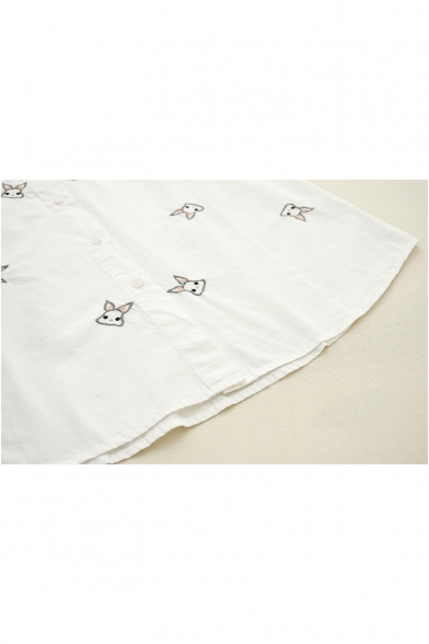 Cartoon Allover Rabbit Embroidered Long Sleeve Loose Cotton White Shirt