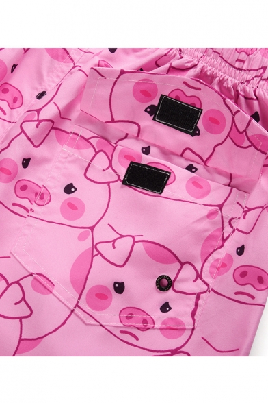 Cartoon Cute Pigs Pattern Drawcord Fast Drying Flap Pocket Back Pink Casual Swim Trunks