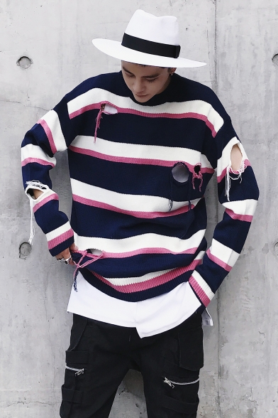 Color Block Striped Hollow Out Ripped Round Neck Long Sleeve Guys Sweater