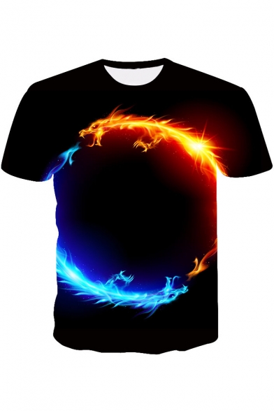 Fashion 3D Fire Dragon Pattern Basic Short Sleeve Casual Black T-Shirt for Men